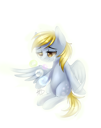 Size: 701x879 | Tagged: safe, artist:ghst-qn, derpy hooves, pegasus, pony, g4, abstract background, bubble, colored pupils, crying, female, glowing, sitting, smiling, solo, spread wings, wings