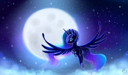Size: 1842x1084 | Tagged: safe, artist:ghst-qn, princess luna, alicorn, pony, g4, backlighting, female, flying, jewelry, looking at you, looking back, mare, moon, night, night sky, regalia, signature, sky, smiling, solo, spread wings, stars, wings