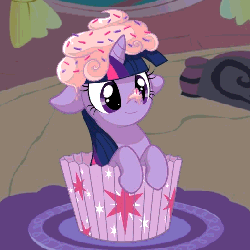 Size: 512x512 | Tagged: dead source, safe, artist:miikanism, artist:sirvown, twilight sparkle, pony, unicorn, g4, animated, blinking, cupcake, cute, female, floppy ears, food, frosting, hnnng, mare, ponies in food, silly, smiling, solo, twiabetes, twilight sprinkle, unicorn twilight