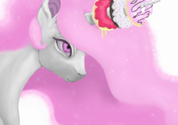 Size: 870x612 | Tagged: safe, artist:colorlesscupcake, princess celestia, alicorn, pony, unicorn, g4, bust, cake, donut, donutlestia, female, frosting, horn, horn grab, horn impalement, hungry, solo, the uses of unicorn horns