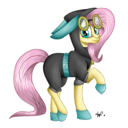 Size: 1600x1600 | Tagged: safe, artist:shyshyoctavia, fluttershy, pegasus, pony, g4, bunny ears, clothes, dangerous mission outfit, female, goggles, heart eyes, hoodie, mare, simple background, solo, transparent background, wingding eyes