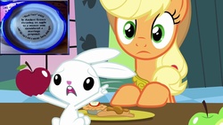 Size: 1280x720 | Tagged: safe, screencap, angel bunny, applejack, g4, keep calm and flutter on, apple, marriage, pointing, snapple
