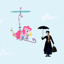 Size: 1280x1280 | Tagged: safe, edit, pinkie pie, g4, bag, crazy contraption, crossover, disney, flying, julie andrews, magic, mary poppins, nanny, umbrella