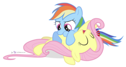 Size: 1000x530 | Tagged: safe, artist:dm29, fluttershy, rainbow dash, g4, ^^, belly, cute, duo, eyes closed, female, filly, filly fluttershy, filly rainbow dash, julian yeo is trying to murder us, lying down, on back, raspberry, shyabetes, simple background, tickling, transparent background, tummy buzz, younger