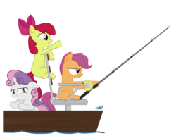 Size: 4800x3715 | Tagged: safe, artist:sgtgarand, apple bloom, scootaloo, sweetie belle, earth pony, pegasus, pony, unicorn, g4, boat, chair, cutie mark crusaders, female, filly, fishing, fishing rod, foal, hoof hold, simple background, transparent background, trio