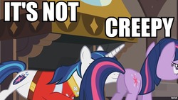 Size: 960x540 | Tagged: safe, edit, edited screencap, screencap, shining armor, twilight sparkle, pony, unicorn, friendship is witchcraft, g4, butt, caption, clothes, female, image macro, male, mare, not creepy, out of context, plot, stallion