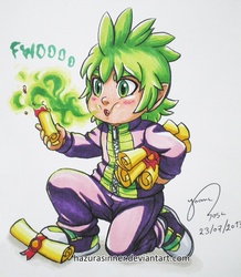 Size: 719x823 | Tagged: safe, artist:hazurasinner, spike, g4, :o, blushing, dragon mail, fire, fire breath, green fire, humanized, kneeling, male, scroll, solo, traditional art