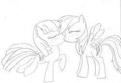 Size: 720x494 | Tagged: safe, artist:chainsawbossbattle, rainbow dash, toola-roola, g3, g4, cross-generational shipping, female, g3 to g4, generation leap, kissing, lesbian, monochrome, ship:tooladash, shipping, traditional art