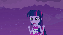 Size: 1920x1080 | Tagged: safe, screencap, twilight sparkle, equestria girls, g4, my little pony equestria girls, bare shoulders, blushing, cute, fall formal outfits, female, oh no, open mouth, purple, sad, sadorable, scared, sleeveless, solo, strapless, twiabetes, twilight ball dress