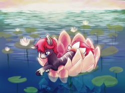 Size: 1600x1188 | Tagged: safe, artist:bedupolker, oc, oc only, oc:yew, flower, scenery, solo, water, waterlily