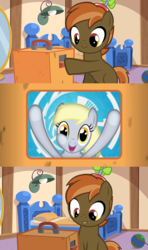 Size: 640x1080 | Tagged: safe, button mash, derpy hooves, pegasus, pony, g4, button's odd game, female, fourth wall, inverted mouth, mare, meme, smiling, underp