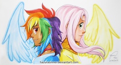 Size: 1086x588 | Tagged: safe, artist:hazurasinner, fluttershy, rainbow dash, human, g4, humanized, traditional art