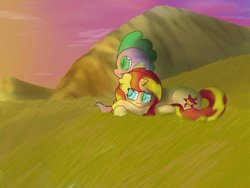 Size: 1024x768 | Tagged: safe, artist:ratherdevious, spike, sunset shimmer, pony, unicorn, g4, blushing, cute, female, field, floppy ears, grass, male, prone, ship:sunsetspike, shipping, sitting, smiling, straight, sunset