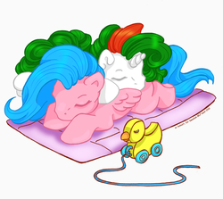 Size: 820x733 | Tagged: safe, artist:alishaya, artist:solkatt, baby firefly, baby gusty, bird, duck, pegasus, pony, unicorn, g1, baby, baby flyabetes, baby gustybetes, baby pony, colored, cute, duo, eyes closed, female, filly, sleeping, smiling, toy