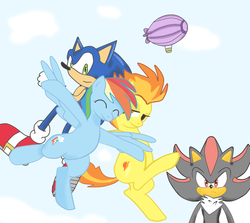 Size: 2800x2500 | Tagged: safe, artist:kaiamurosesei, rainbow dash, spitfire, g4, airship, crossover, male, shadow the hedgehog, sonic the hedgehog, sonic the hedgehog (series)