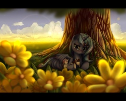 Size: 6000x4800 | Tagged: safe, artist:vardastouch, princess celestia, princess luna, oc, oc:fausticorn, g4, absurd resolution, blushing, doll, flower, hairclip, lauren faust, sitting, solo, tree, under the tree