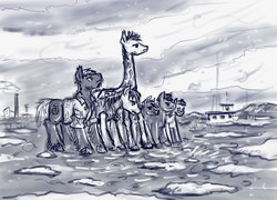 Size: 1280x922 | Tagged: safe, artist:agm, oc, oc only, earth pony, giraffe, pony, cigarette, mud, snow, snowfall, tundra