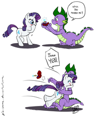Size: 1000x1264 | Tagged: safe, artist:pia-sama, rarity, spike, dragon, pony, unicorn, g4, blushing, butt, colored, female, glomp, hug, interspecies, male, mare, marriage proposal, older, older spike, plot, ring, ship:sparity, shipping, straight, tears of joy