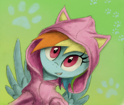 Size: 800x676 | Tagged: safe, artist:hewison, rainbow dash, pegasus, pony, g4, cat ears, cat hoodie, clothes, cute, dashabetes, female, green background, hoodie, lime background, mare, paw prints, simple background, smiling, solo