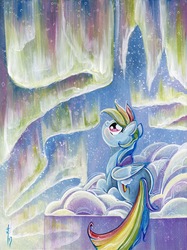 Size: 1280x1707 | Tagged: safe, artist:sara richard, idw, rainbow dash, g4, aurora borealis, color porn, cover, female, no logo, solo, textless, traditional art