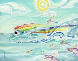 Size: 1280x1004 | Tagged: safe, artist:sara richard, idw, rainbow dash, fish, g4, flying, flying fish, traditional art