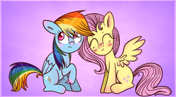 Size: 1112x612 | Tagged: safe, artist:flarities, fluttershy, rainbow dash, g4, blushing, female, lesbian, ship:flutterdash, shipping