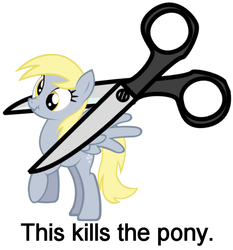 Size: 637x683 | Tagged: artist needed, safe, derpy hooves, pegasus, pony, g4, abuse, derpybuse, downvote bait, female, from ponibooru, imminent death, imminent decapitation, implied decapitation, mare, op is a duck, scissors, solo, this kills the crab