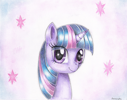 Size: 2431x1916 | Tagged: safe, artist:evomanaphy, twilight sparkle, g4, cutie mark, female, looking at you, portrait, smiling, solo, traditional art