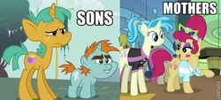 Size: 586x264 | Tagged: safe, allie way, big wig, snails, snips, earth pony, pony, unicorn, g4, colt, female, foal, headcanon, male, mare, meta, mind blown, mother and son