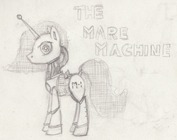 Size: 2467x1956 | Tagged: safe, artist:goldenpansy, pony, robot, unicorn, kraftwerk, monochrome, sketch, solo