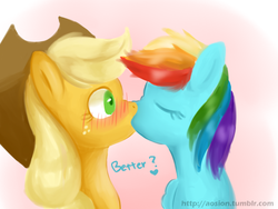 Size: 600x450 | Tagged: safe, artist:sion, applejack, rainbow dash, earth pony, pegasus, pony, g4, duo, female, kiss on the lips, kissing, lesbian, mare, ship:appledash, shipping