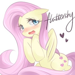 Size: 500x500 | Tagged: safe, artist:shen yi, fluttershy, pegasus, pony, g4, blushing, cute, female, heart, mare, open mouth, pixiv, shyabetes, simple background, solo, white background
