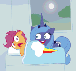 Size: 538x502 | Tagged: safe, artist:furseiseki, princess luna, scootaloo, alicorn, pegasus, pony, g4, :<, :>, animated, bed, bedroom, blanket, coiffure, creepy, do not want, dream walker luna, duo, faic, female, filly, floppy ears, frown, fur, lunaughty, mare, moon, night, nightmare fuel, on side, open mouth, pillow, rapeface, s1 luna, scared, scary, shaking, shivering, smiling, stranger danger, terrifying, vibrating, wide eyes, window, woona, younger
