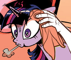Size: 257x216 | Tagged: source needed, safe, edit, idw, twilight sparkle, g4, spoiler:comic, cropped, female, hand, solo, sweat, sweating towel guy, towel