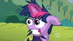 Size: 639x357 | Tagged: safe, edit, edited screencap, screencap, twilight sparkle, g4, lesson zero, my little pony: friendship is magic, female, hub logo, magic, meme, solo, special eyes, twilight snapple