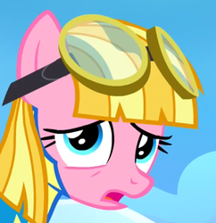 Size: 685x707 | Tagged: safe, screencap, meadow flower, pegasus, pony, g4, my little pony: friendship is magic, wonderbolts academy, clothes, female, goggles, mare, solo, uniform, wonderbolt trainee uniform