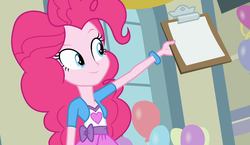 Size: 1184x685 | Tagged: safe, edit, pinkie pie, equestria girls, g4, balloon, bracelet, clipboard, female, jewelry, paper, solo, template