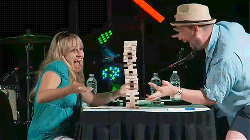 Size: 500x281 | Tagged: safe, human, andrea libman, animated, barely pony related, doom paul, everfree northwest, everfree northwest 2013, hat, image macro, irl, irl human, it's happening, jenga, peter new, photo