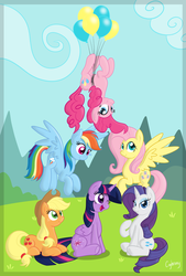 Size: 2592x3833 | Tagged: safe, artist:thebrokencog, applejack, fluttershy, pinkie pie, rainbow dash, rarity, twilight sparkle, alicorn, pony, g4, balloon, mane six, pinkie being pinkie, sitting, then watch her balloons lift her up to the sky, twilight sparkle (alicorn), underhoof