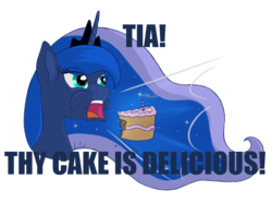 Size: 1595x1180 | Tagged: safe, artist:aimeelovesu, princess luna, g4, bust, cake, female, simple background, solo, text
