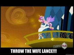 Size: 625x468 | Tagged: safe, screencap, princess cadance, shining armor, g4, all new, epic wife tossing, fastball special, hub logo, image macro, meme, text