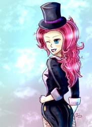 Size: 541x743 | Tagged: safe, artist:inky-pinkie, pinkie pie, human, g4, clothes, female, fishnet clothing, fishnet stockings, hat, humanized, magician outfit, solo, stockings, thigh highs, top hat, tuxedo