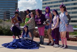 Size: 768x525 | Tagged: safe, artist:cookiekabuki, artist:sarahn29, artist:starsofcassiopeia, twilight sparkle, human, g4, clothes, cosplay, dress, gala dress, group photo, irl, irl human, otakon, photo, rule 63