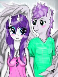 Size: 774x1032 | Tagged: safe, artist:dominicuong9716, rarity, oc, oc:kydose, pegasus, unicorn, anthro, g4, canon x oc, duo, female, love, male, rain, raridose, shipping, straight