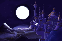 Size: 2500x1683 | Tagged: safe, artist:simbaro, lullaby for a princess, canterlot, castle, full moon, moon, night, no pony, scenery