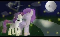 Size: 1024x640 | Tagged: safe, artist:beccawolf898, rarity, oc, oc:kydose, firefly (insect), pegasus, pony, unicorn, g4, canon x oc, heart, love, moon, shipping, stars