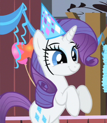 Size: 420x480 | Tagged: safe, screencap, rarity, pony, unicorn, g4, party of one, balloon, cute, female, hat, party hat, raribetes, rearing, solo