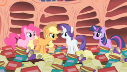 Size: 853x480 | Tagged: safe, screencap, applejack, pinkie pie, rarity, twilight sparkle, g4, sonic rainboom (episode), book