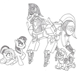 Size: 1834x1690 | Tagged: safe, artist:terry, fluttershy, twilight sparkle, g4, bumblebee (transformers), color me, crossover, grayscale, monochrome, optimus prime, rocking horse, traditional art, transformers