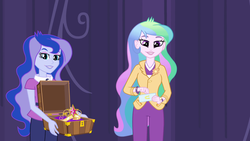 Size: 1920x1080 | Tagged: safe, screencap, princess celestia, princess luna, principal celestia, vice principal luna, equestria girls, g4, big crown thingy, clothes, cutie mark, cutie mark accessory, cutie mark on clothes